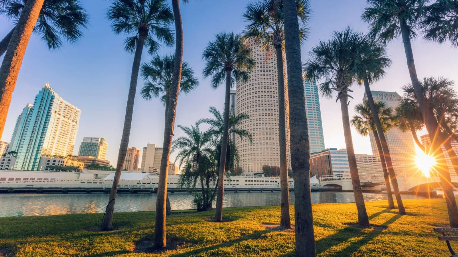 Downtown Tampa skyline at sunset framed by palm trees along the Hillsborough River